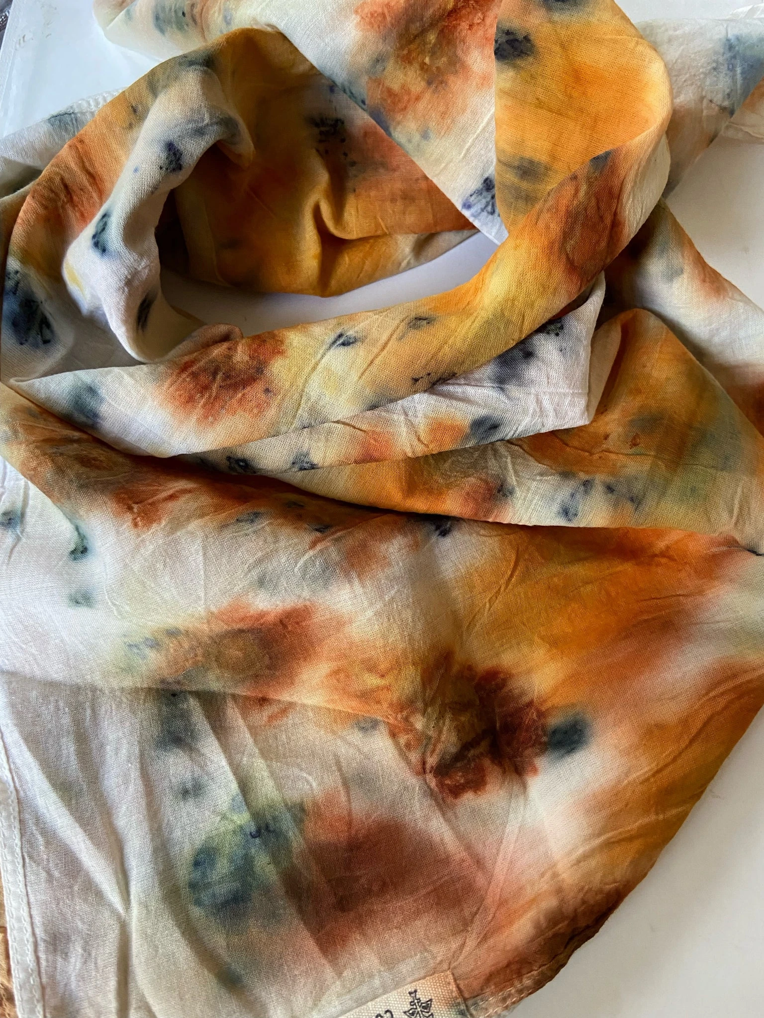 Orange, sienna and blue organic cotton bandanas